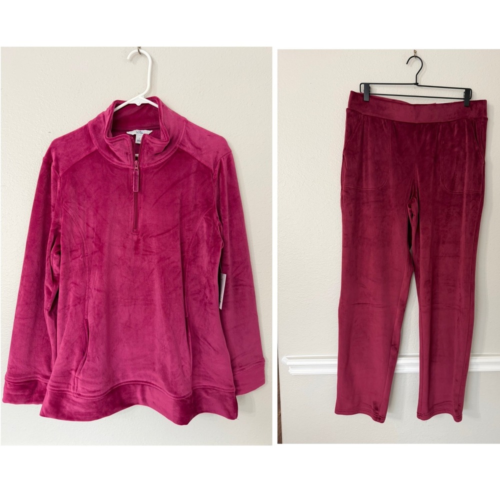 Croft & Barrow Berry Velour 1/4 Zip Pullover and Straight Leg Pants Set L NEW